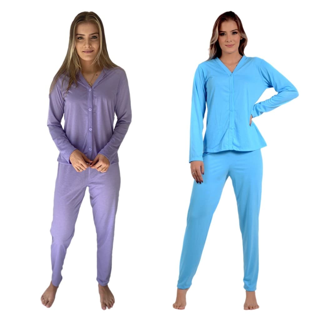 Kit 2 Pijamas Femininos Inverno Aberto Botões Amamentação Pós Cirúrgico