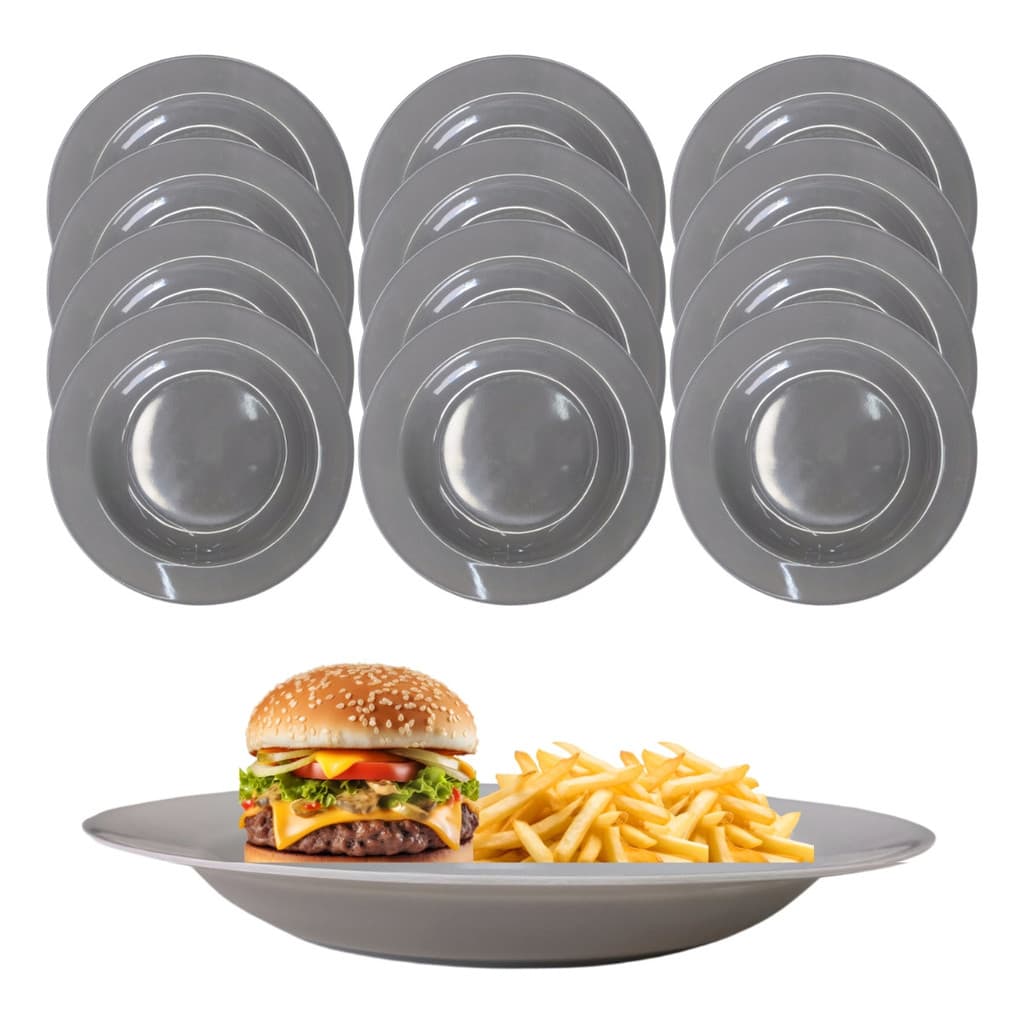 12 Pratos Fundo Jantar Cinza Refeição Buffet Melamina