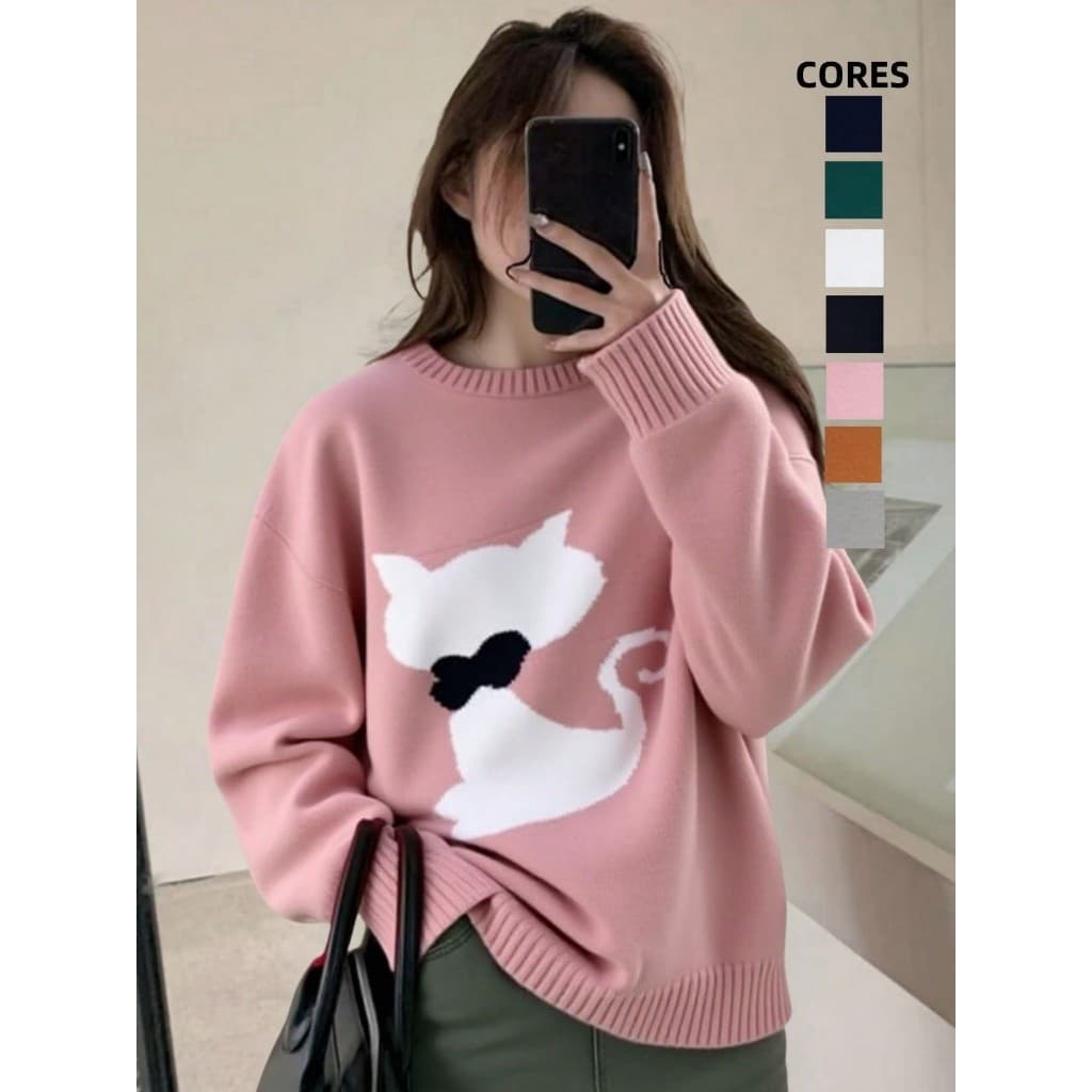 Blusa Modal Suéter de TricÔ Feminiode Ajuste com Gola Redonda e Estampa de gato inverno outuno