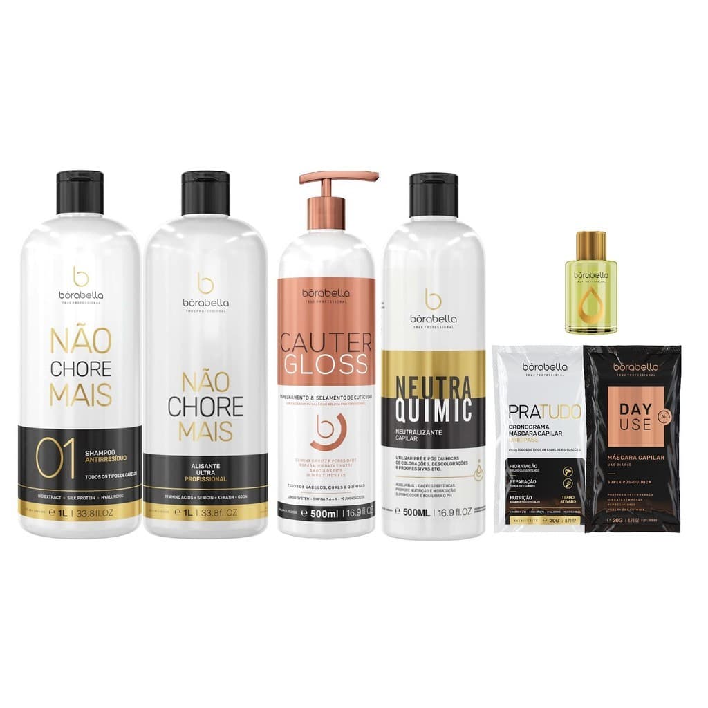 Kit Borabella Não Chore Mais 2x1l + Cautergloss 500ml + Neutraquimic 500ml + Oleo 7ml + Saches