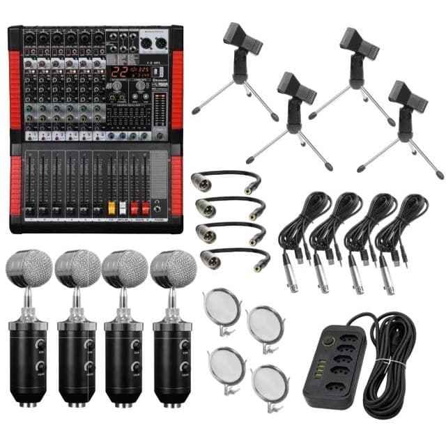 Kit Microfone Podcast, Mixer, Interface, Mesa de Som 6 Canais, Suporte Microfone Base Tripé, Pop Filter Metal,Cabo XLR
