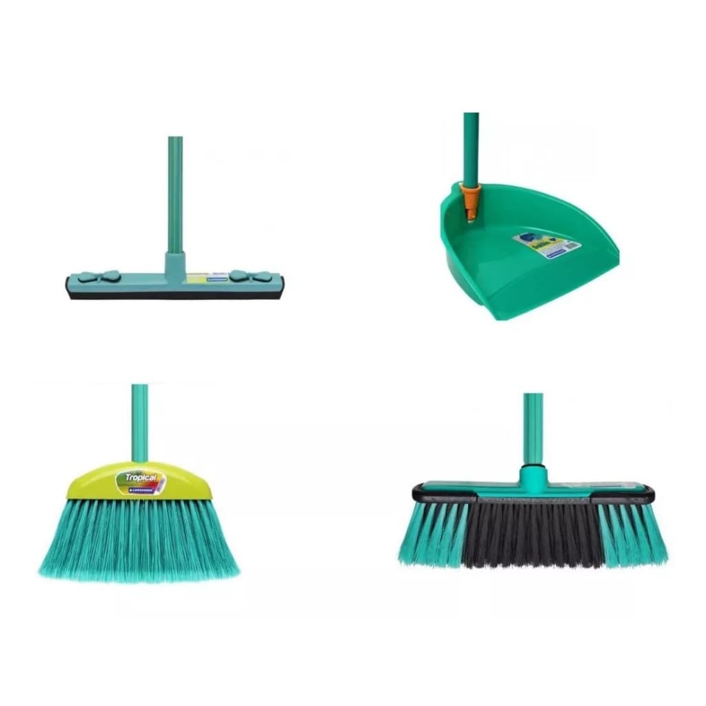 Kit 4 Limpeza Vassoura Pelo Nylon Rodo Pa Lixo Cabo Longo