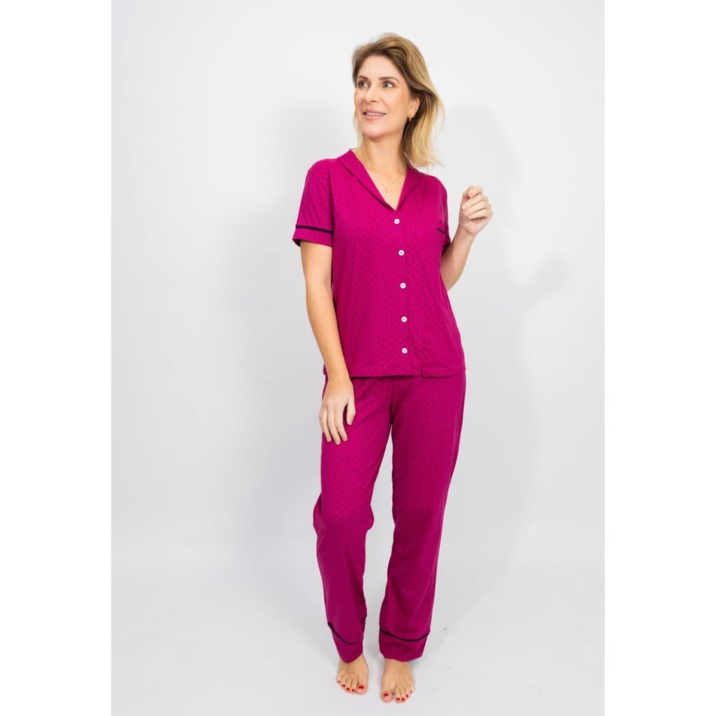 Pijama Feminino Americano Botões Frente Manga curta com Calça Algodão Pós-Cirúrgico Amamentação–Pink