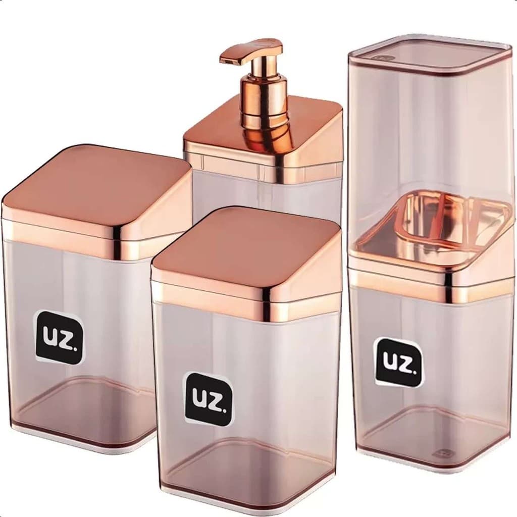 Kit 4 Peças Lavabo Banheiro Porta Sabonete Algodão E Escova Luxo Acrílico Rosé - UZ