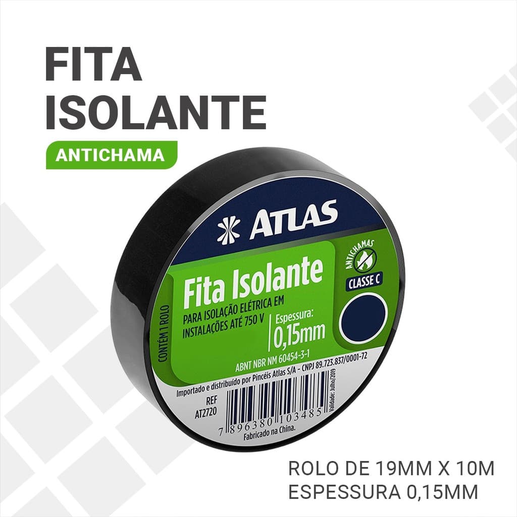 Fita Isolante Elétrica Fita Eletricista de Fio Antichamas 10 Metros Preta Atlas
