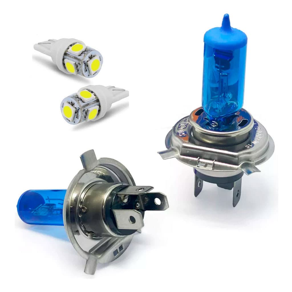 Par de Lampada H4 Super Branca para Farol + Par de Lâmpada Pingão T10 Led Super Branca para Lanterna