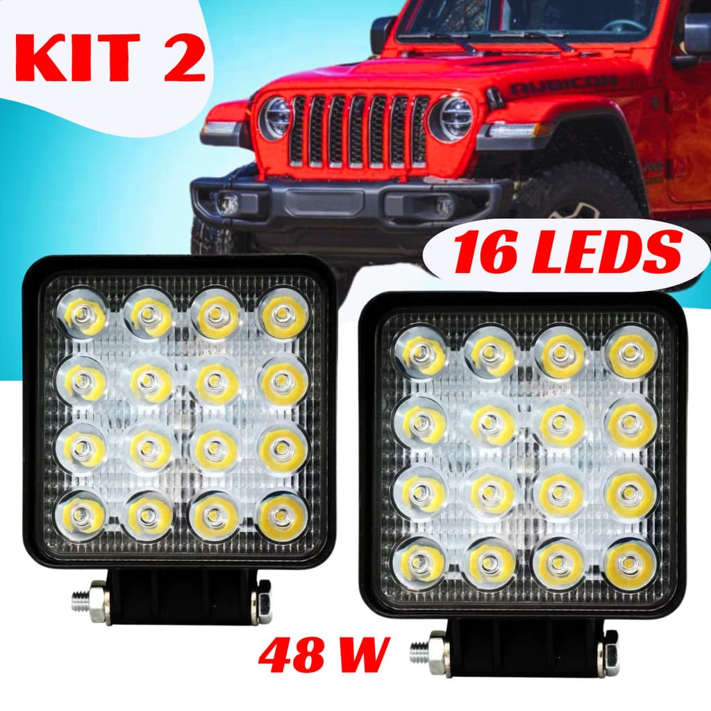KIT 2 Farol de Milha Led Branco Frio Quadrado Redondo 48w 16 Leds Carro Moto Caminhão Jeep Off-road