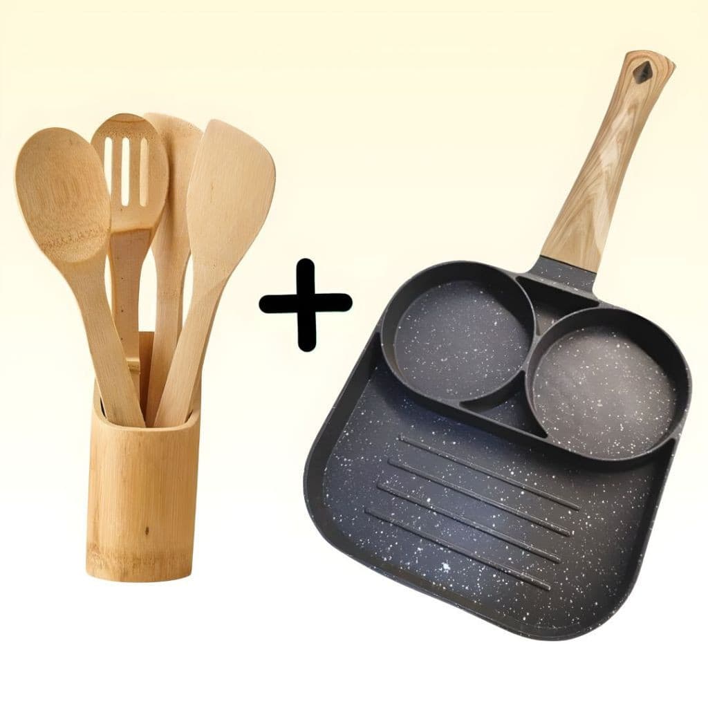 Frigideira Multiuso 3 em 1 Antiaderente com Kit Bambu 5 Peças Para Cozinha Completa