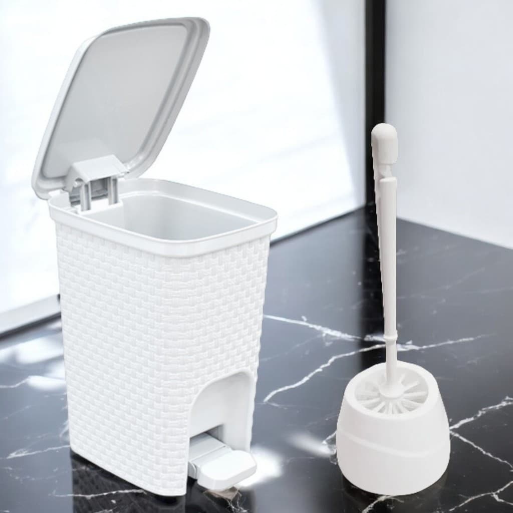Kit Lixeira Rattan Branca PEDAL 07 litros + Escova Sanitária Reforçada Casa Banheiro Limpeza