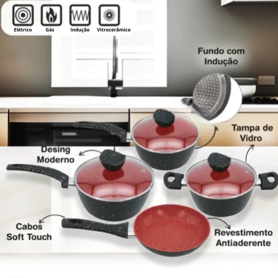 Conjunto 4 Peças Panelas Com Tampa De Vidro Antiaderente Presente Casa Restaurante Lanchonete