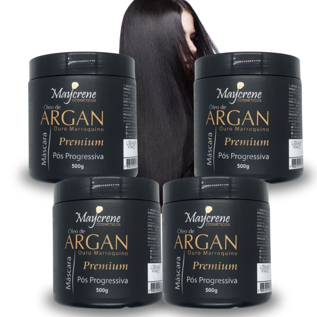 Kit 4 Máscaras 500g Argan Premium Ouro Marroquino Maycrene Pós Proressiva Salva Cabelos Ressecados
