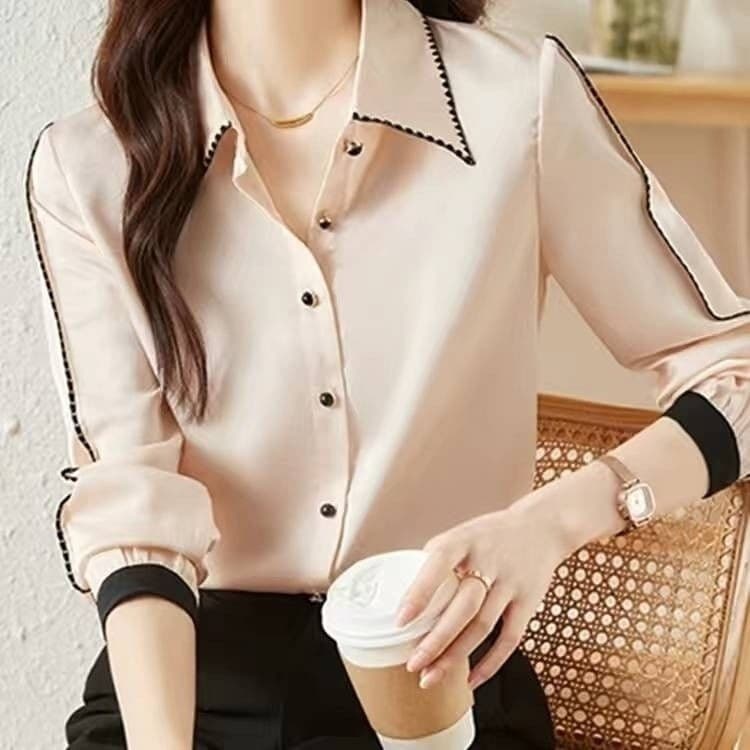 Camisa de cetim novo estilo versão coreana lapela temperamento elegante