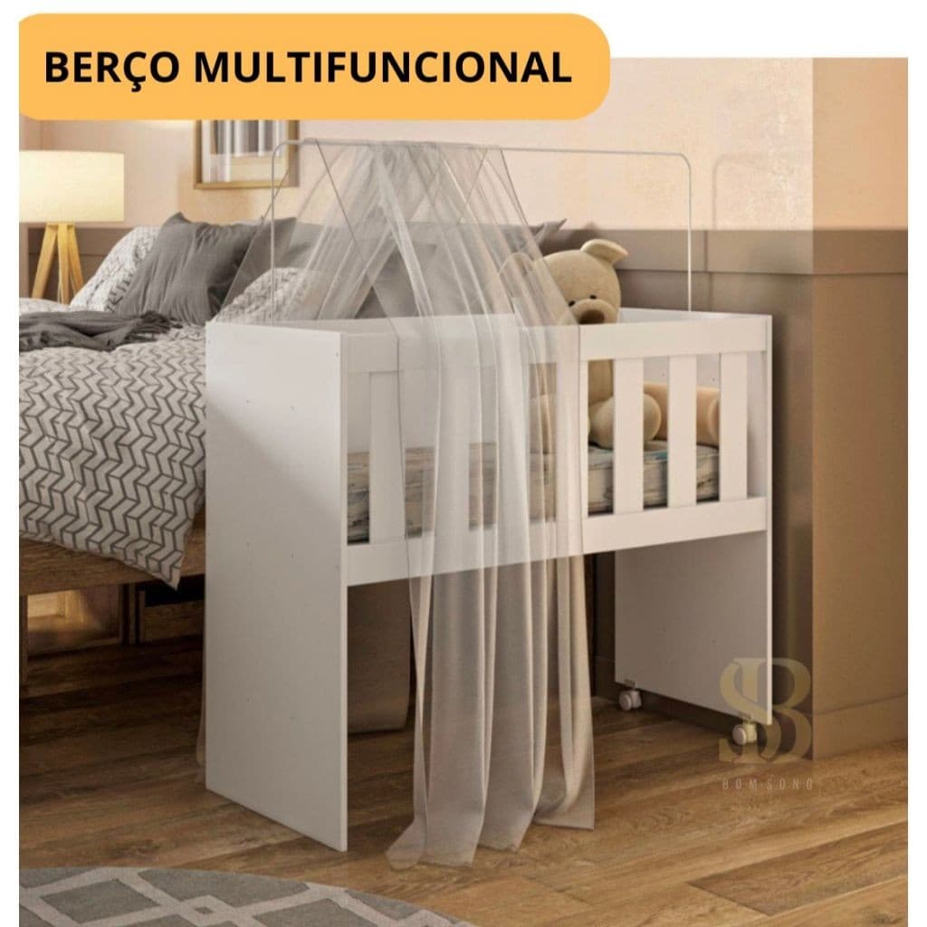 Mini Berço grade móvel branco Multifuncional COM COLCHÃO IMPERMEÁVEL