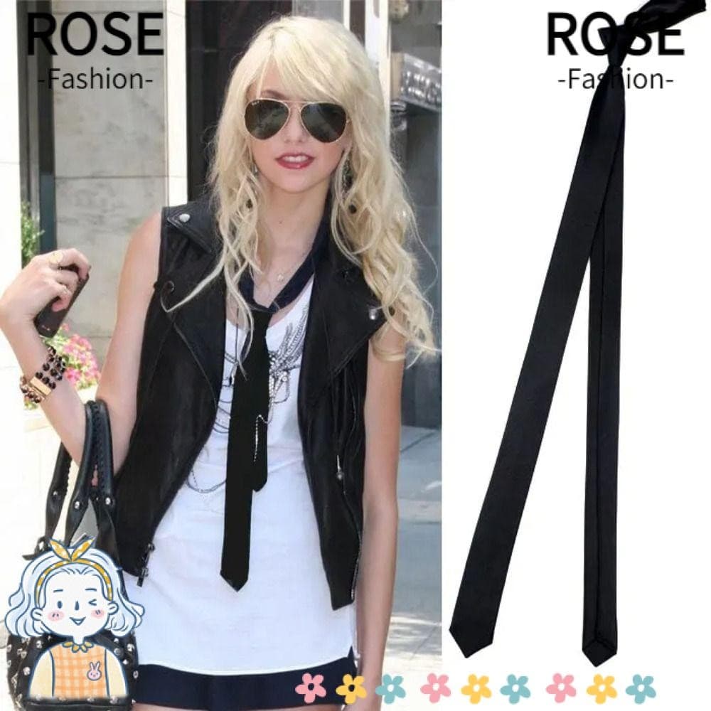 Gravata Super Fina De Cetim ROSEGOODS , Moda Feminina Masculina Elegante Preta , Clássica Skinny Estreita