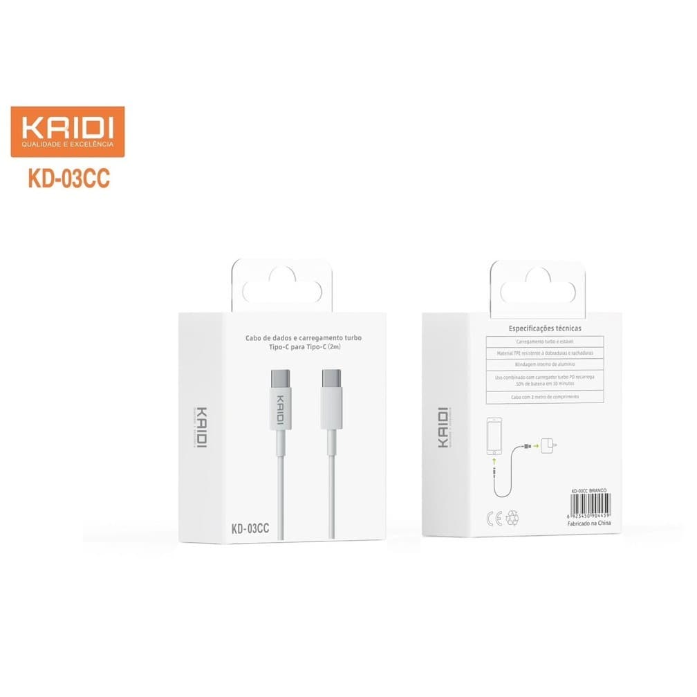 Cabo de dados e carregamento turbo KIDI Tipo-C para Lightning (2m) ou Tipo-C e Tipo-C (2m)