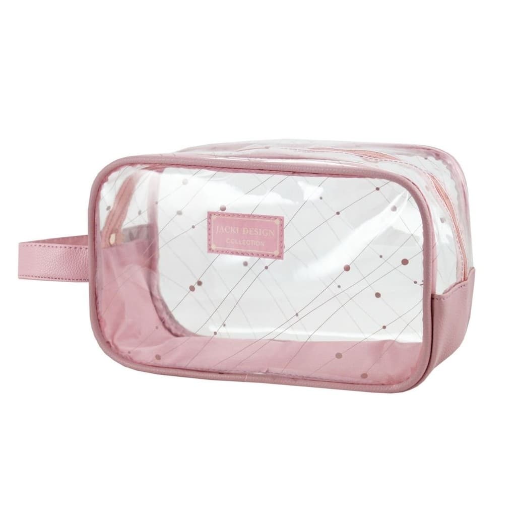Nécessaire Em PVC Transparente Rosa Com Alça De Mão