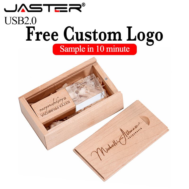 JASTER Crystal USB 2.0 Flash Drives 64GB 32GB Logotipo Personalizado Grátis Caneta De Presente Criativo Com Caixa De Mad