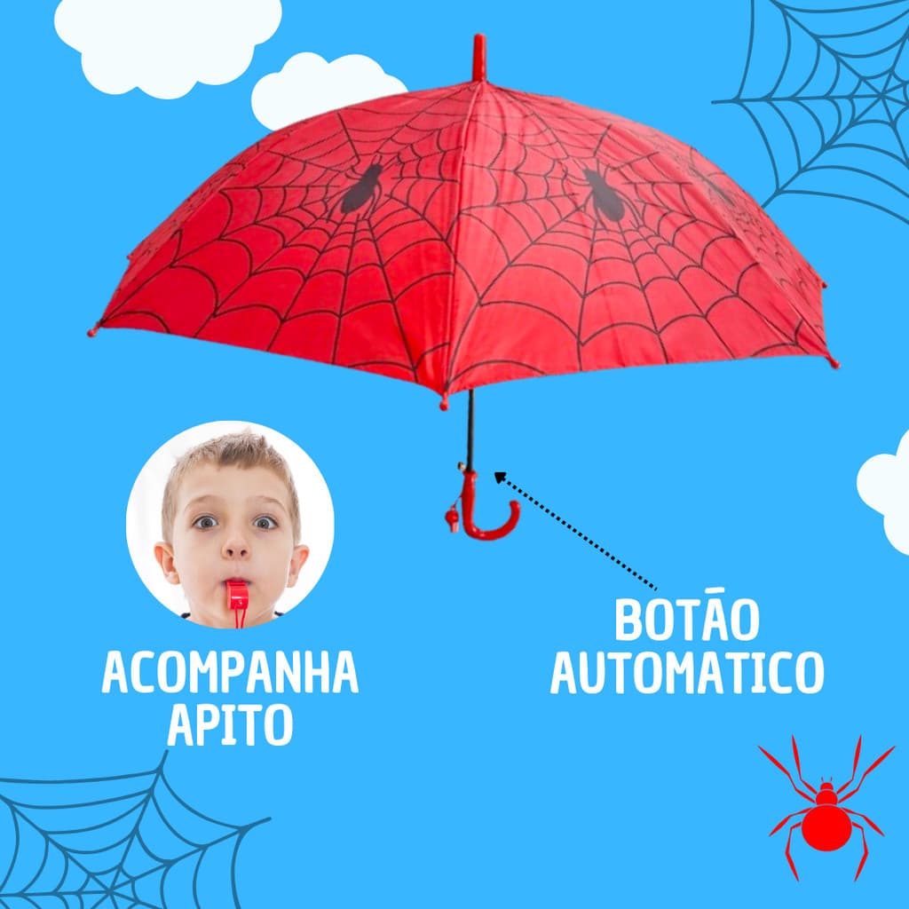 Sombrinha Guarda-Chuva Super Herói Homem Aranha Infantil Automático, com Apito, Leve e Segurança