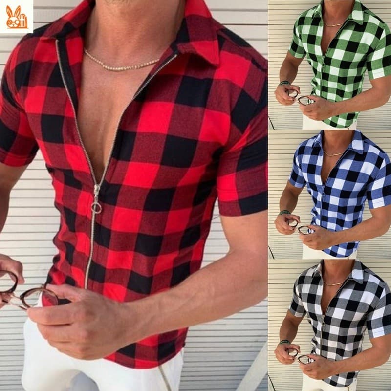 Camisas Masculinas Xadrez com Zíper Manga Curta Zíper Lapela Elegante Cardigã Masculino 546 b