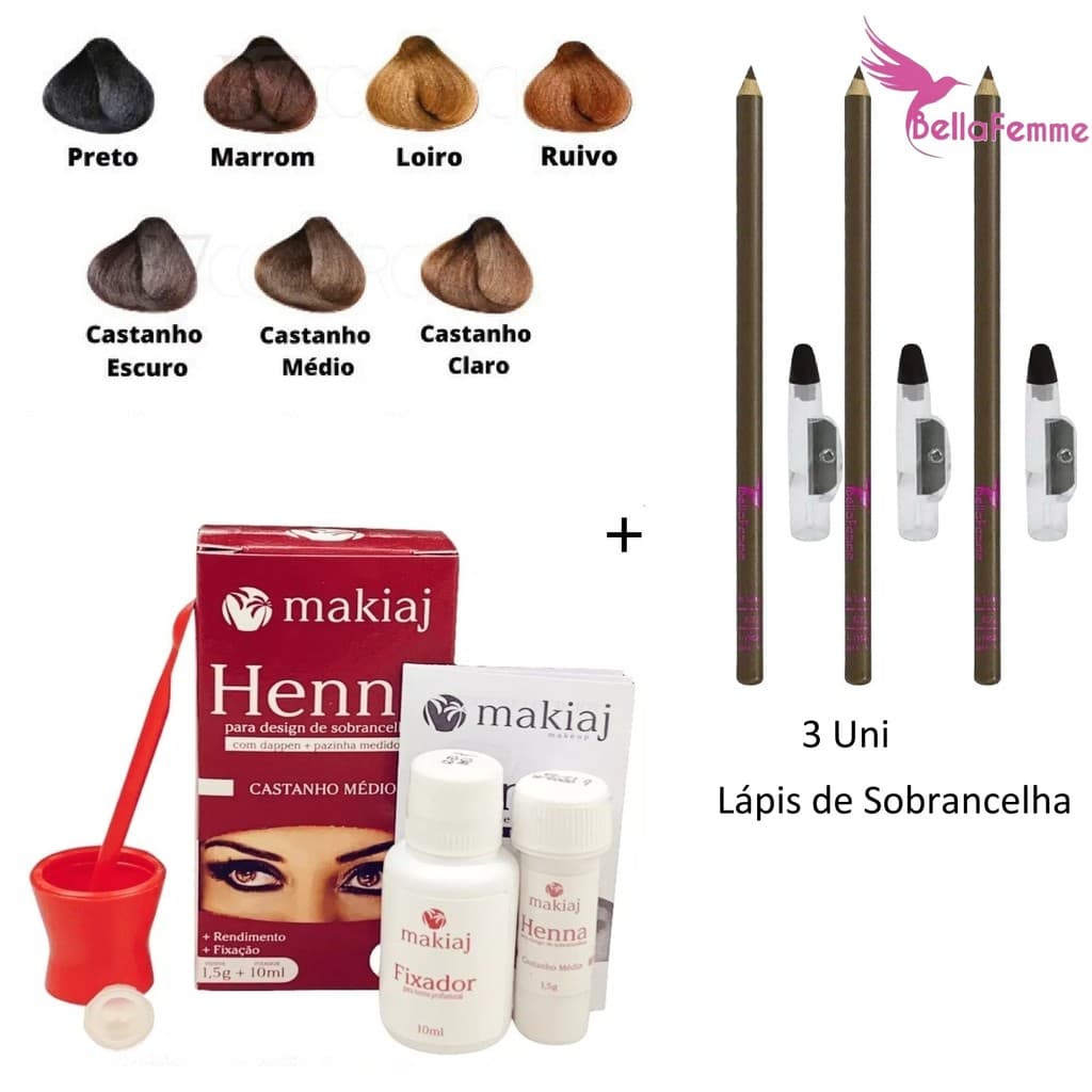 Sobrancelha Henna Makiaj Complete Fixing Gel 7 Cores 1 Henna + 3 Lápis de Sobrancelha Conjunto
