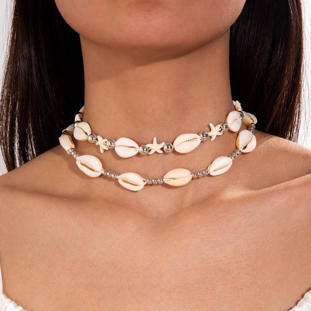 Colar De Corda Tecida Com Contas De Concha De Estrela Do Mar Ajustável Estilo Boêmio Curto Moda Clavícula Acessórios De