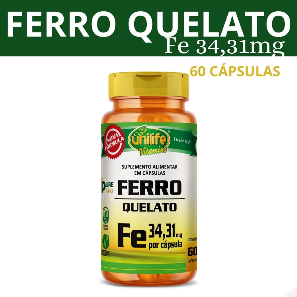 Ferro Quelato FE 500mg 60 Capsulas Produto Vegano - Unilife