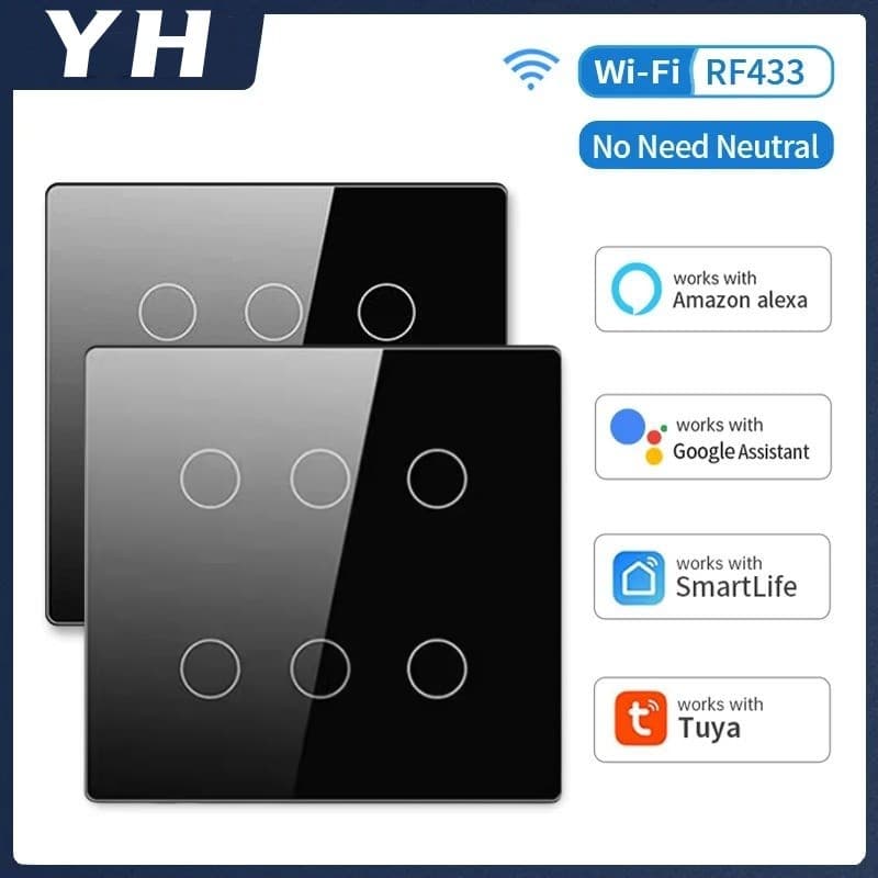 Ekaza Interruptor Inteligente Preto WiFi 4x4 Vidro 2.5d 6 Botão Touch Alexa Google Home