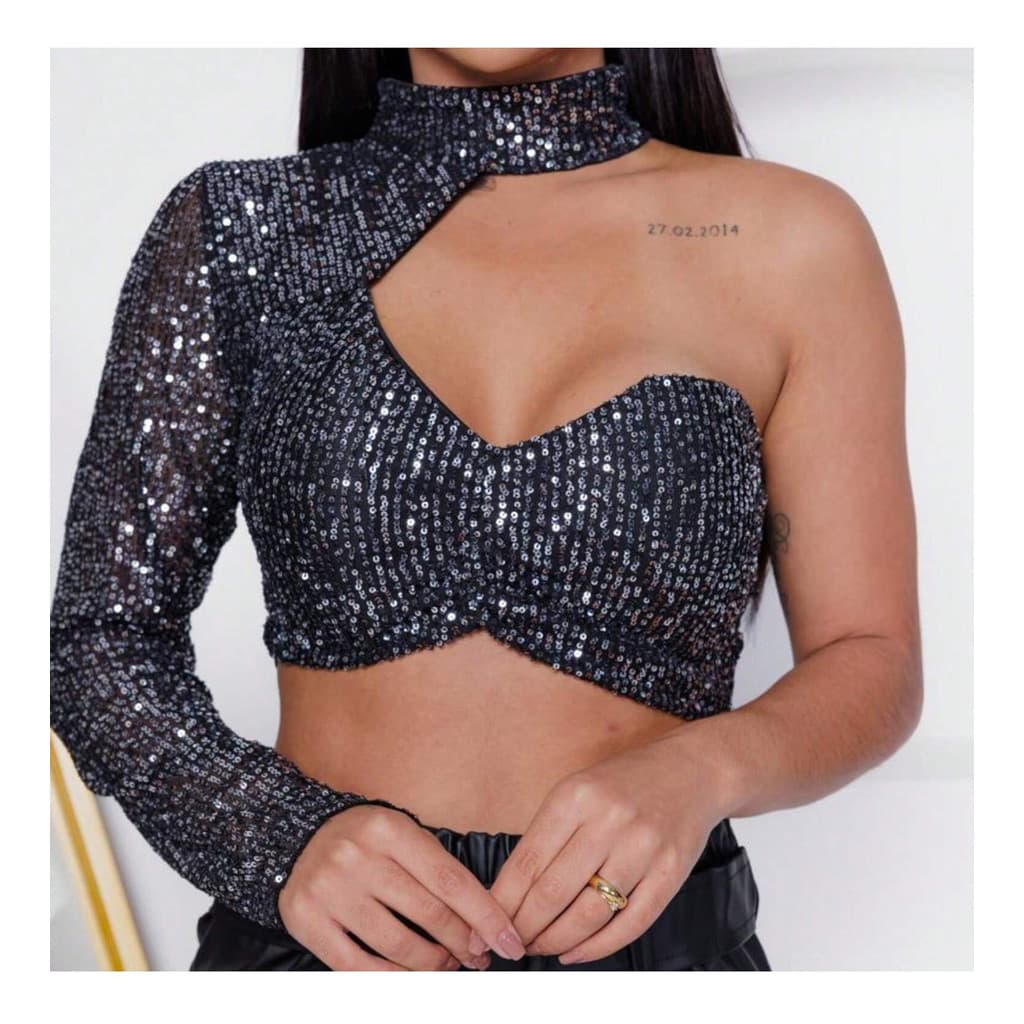 Cropped Feminino Paetê Gola Alta Com Manga Longa Elastano