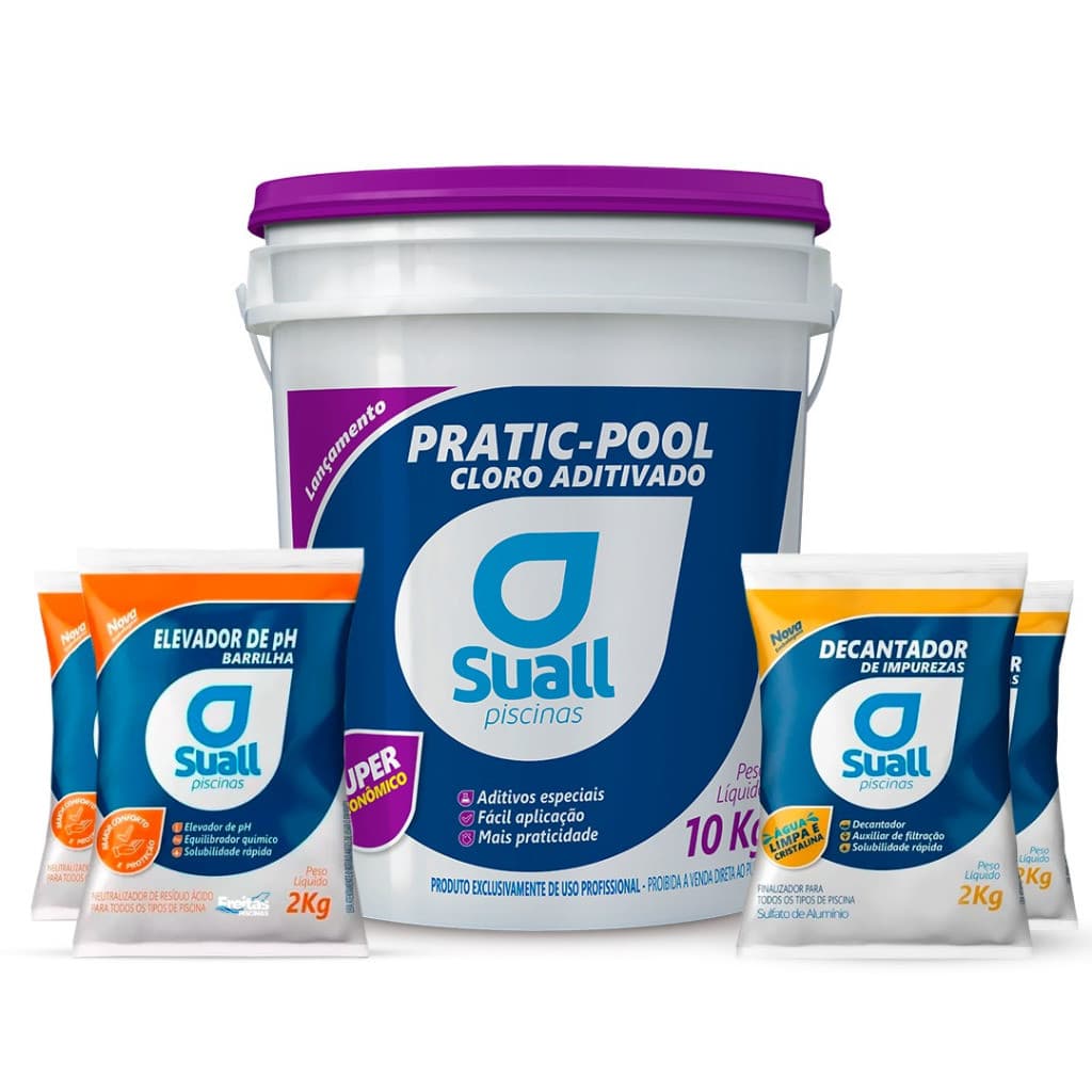 Kit suall Cloro Para Piscina 10kg + 2 Sulfato Decantador + 2 Barrilha Elevador de Ph