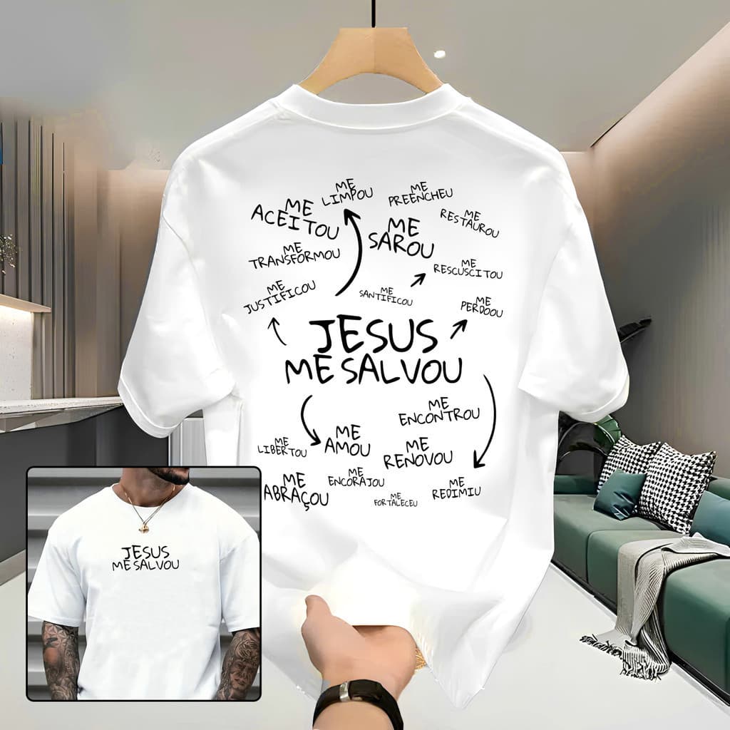 Camiseta Masculina Streetwear 100% Algodão Estampa Jesus Me Salvou Camisa Unissex Premium