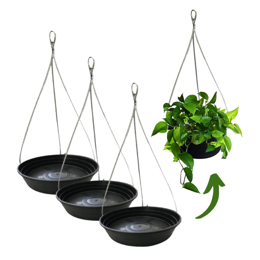 3 Suporte P/ Pendurar Vaso E Planta Suspenso Parede e Teto - Prato De Plástico 17 cm + Cabo de Aço de Pendurar Vaso 40cm