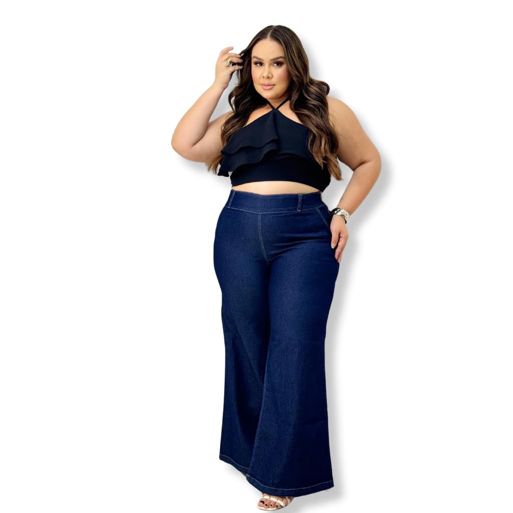 Calça Jeans Pantalona Linha Plus Size Feminina com lycra Cintura Alta