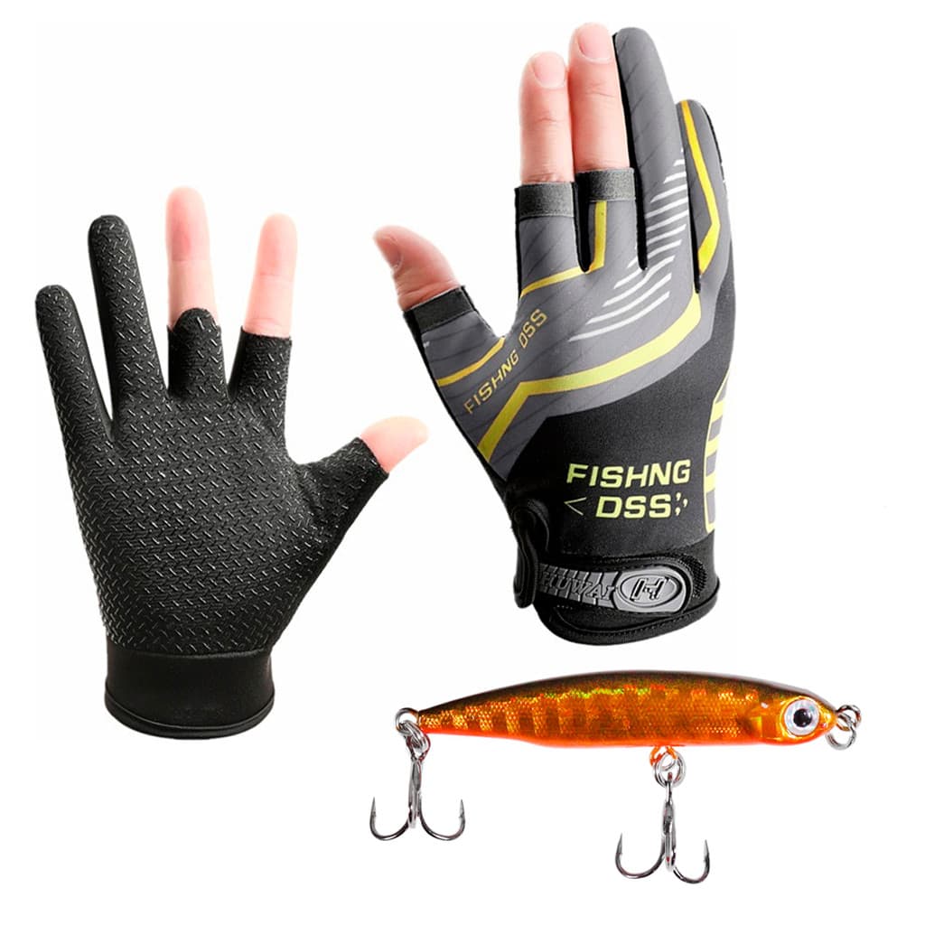 kit Luva Pesca Antiderrapante Proteção Uv + Isca artificial