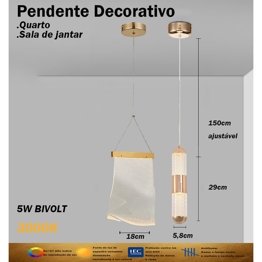 Pendente Decorativo Moderno 6W Acrílico Ideal para Cozinha Quarto e Bancada Luz Quente 3000K