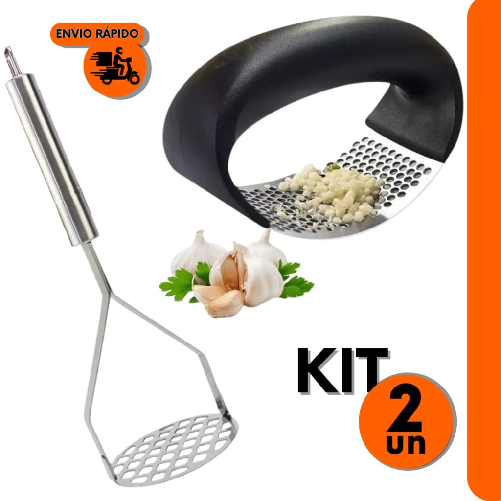 Combo 2 Peças ; Espremedor de Alho com Amassador de Batatas e Feijão, Ambos de aço Inox