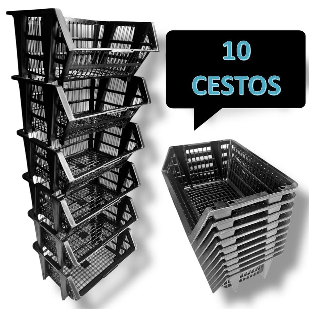 10 Cesto Empilhavel Expositor Organizador Preto Encaixavel