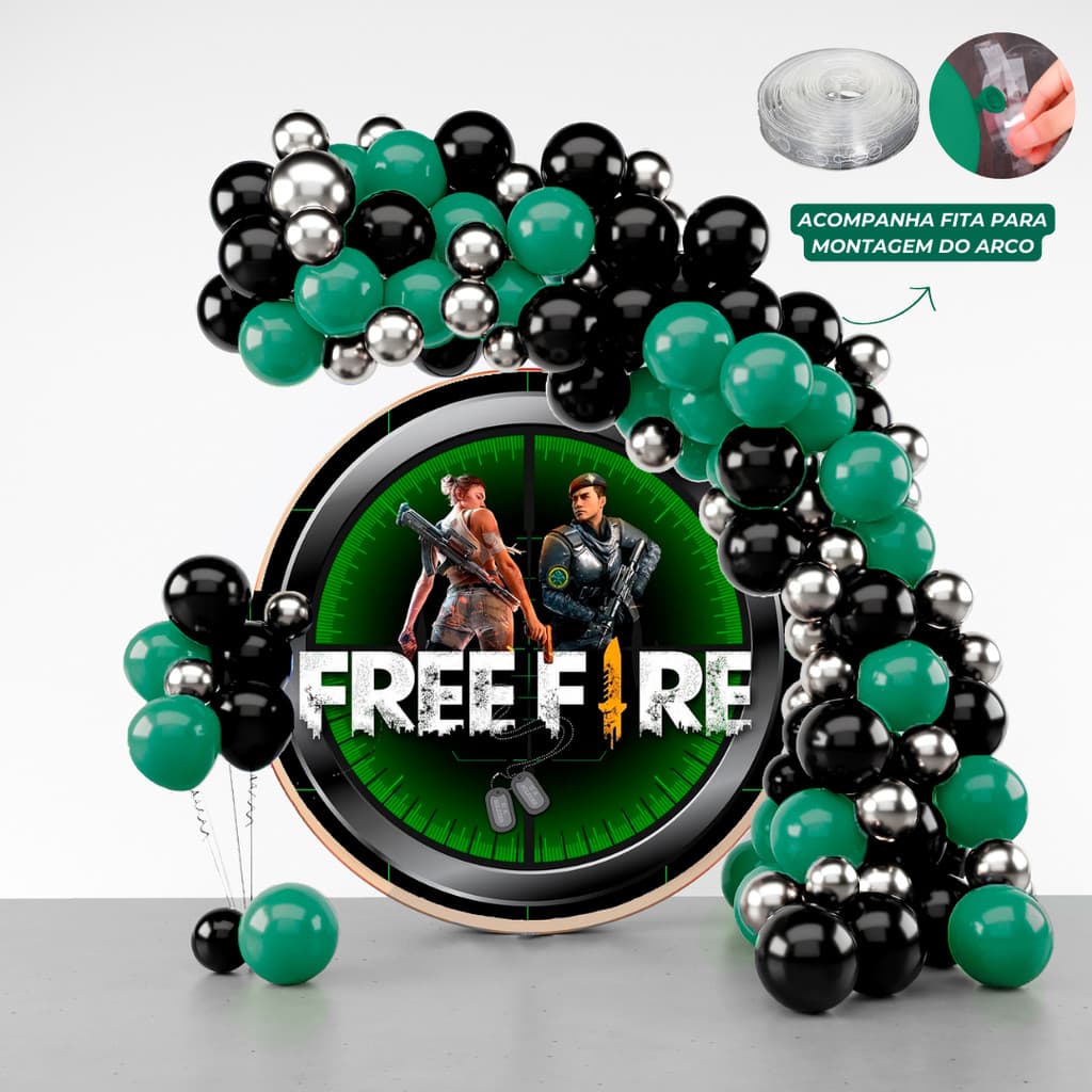 Kit 125 Balões Festa Free Fire + Fita Arco - Balão Bexiga Liso/Cromado Para Aniversários