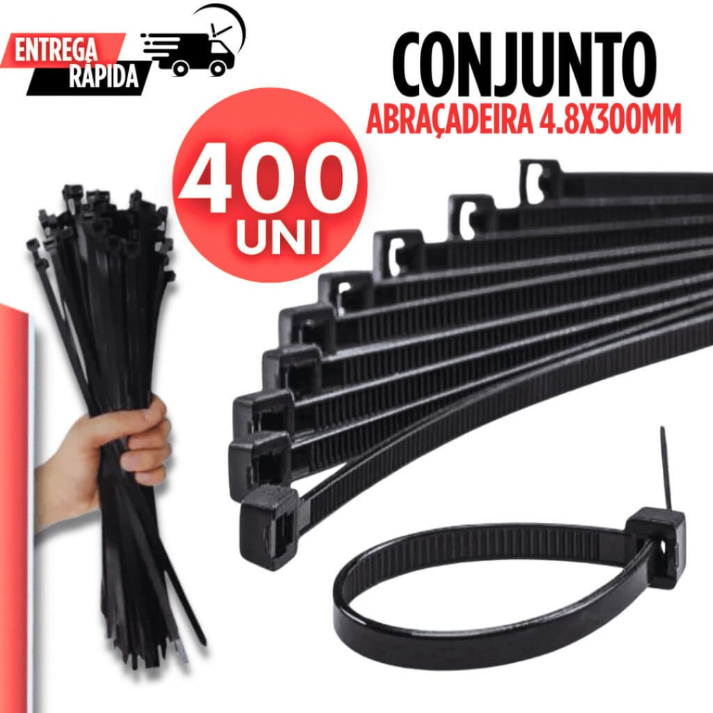 Kit Jogo 400 Abraçadeiras Pretas Enforca Gato 300mm x 4,8mm Variáveis Utilidades Multifuncional