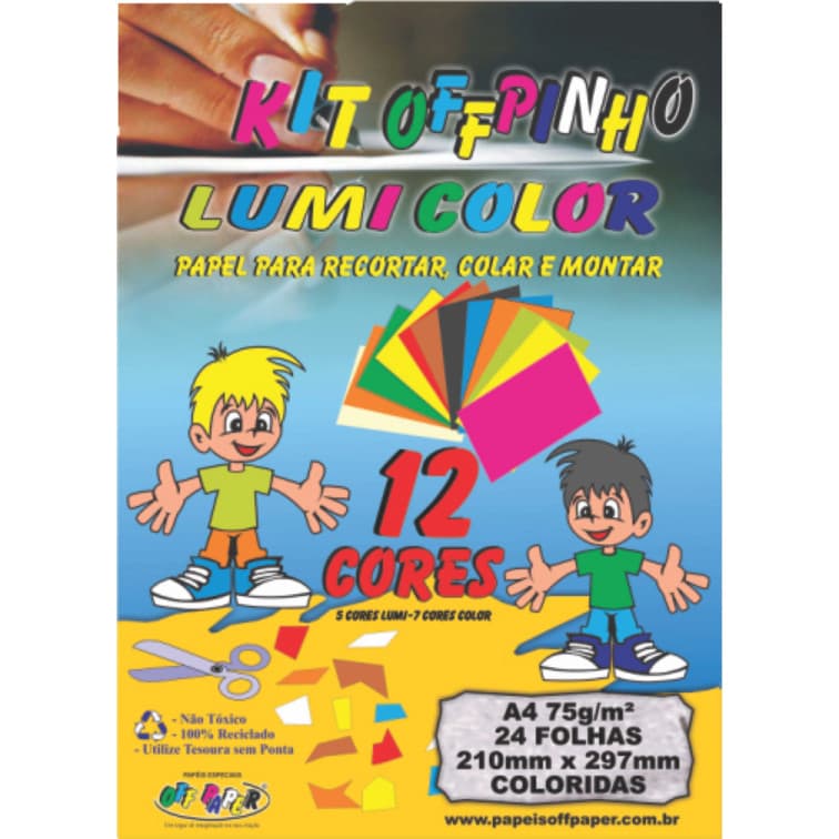 Kit Offpinho LumiColor 75g 12 Cores A4 com 24 Folhas Papel Criativo Escolar Off Paper