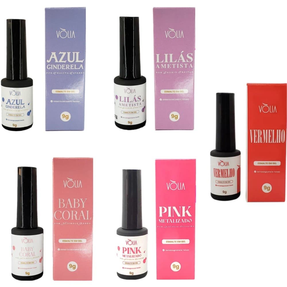 Kit 5UN Esmalte em Gel Vólia Lilas Pink Coral Azul  Vermelho