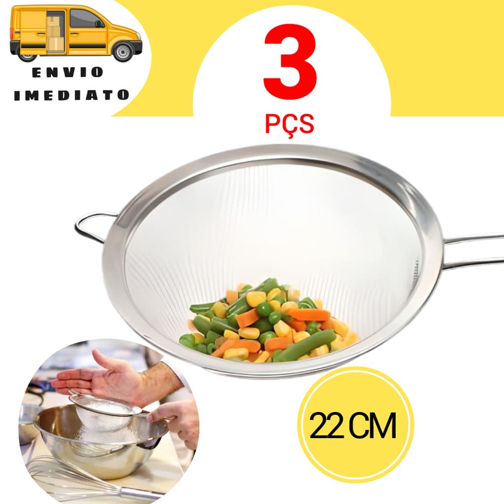 3 Pç Peneira Grande 22 cm Aço Inox Utensilio de Cozinha Peneirar Coar Escorrer Resistente Multiuso Universal