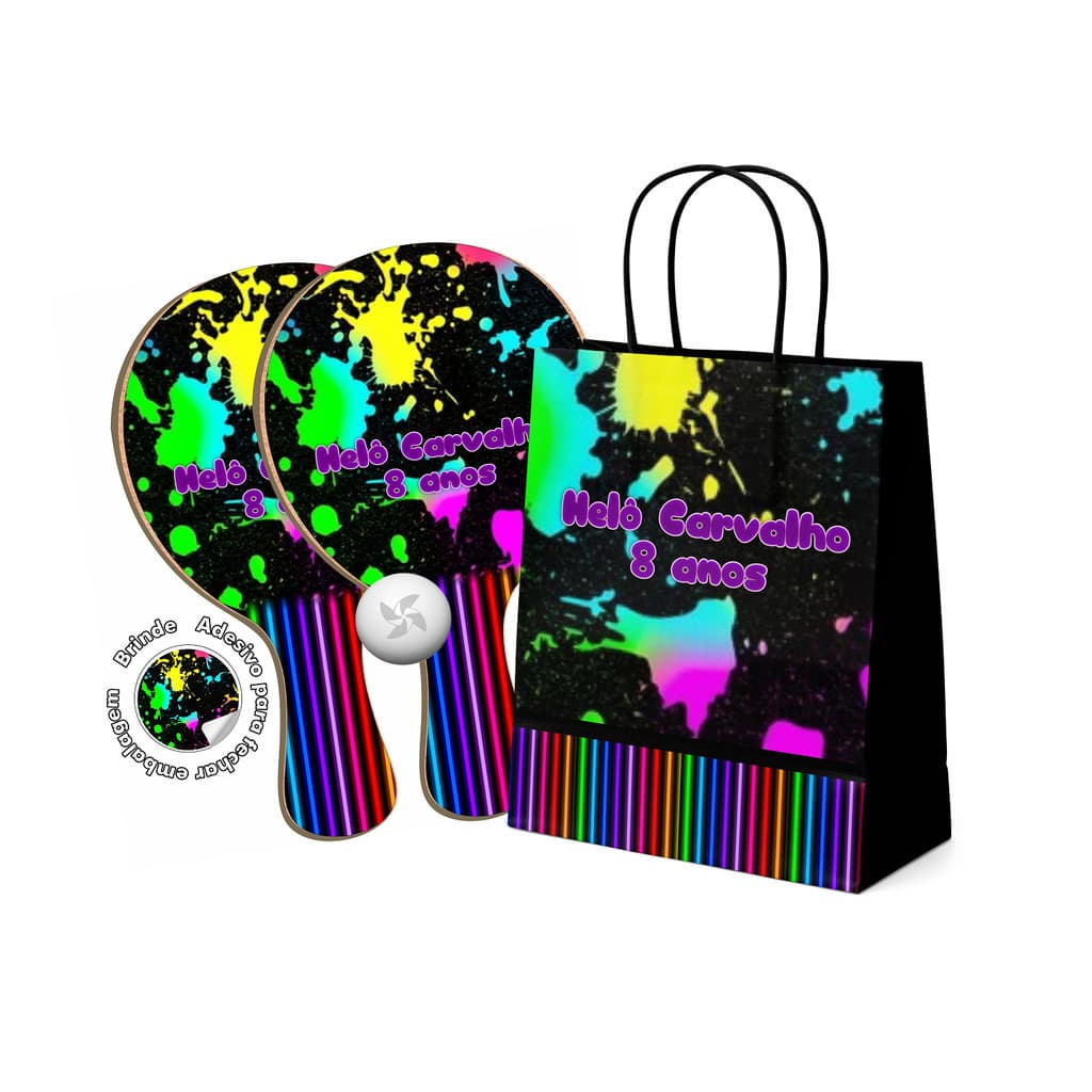 7/10/15/25 Kit Sacola de Papel e Raquete Ping Pong - Tema Neon Cores