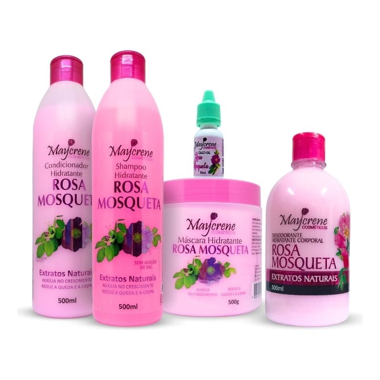 Kit Rosa Mosqueta 5 Produtos Maycreene - Shampoo, Condicionador, Máscara, Creme Corporal e Óleo