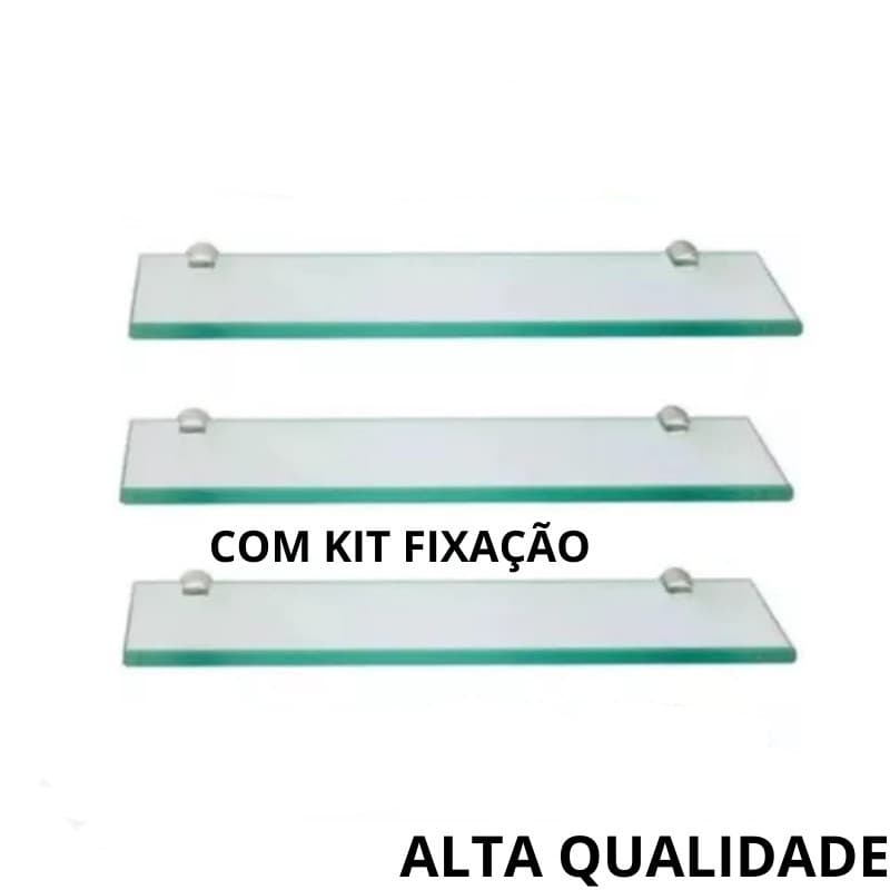 KIT 3 PRATELEIRAS DE VIDRO BANCADAS INQUEBRAVEL 40X10CM COM KIT FIXAÇÃO IMPERDIVEL