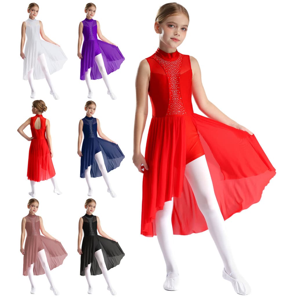 MSemis Crianças Meninas Patinação Artística Vestido De Dança Sem Mangas Mock Neck Recorte Volta Lado Divisão Assimétrica