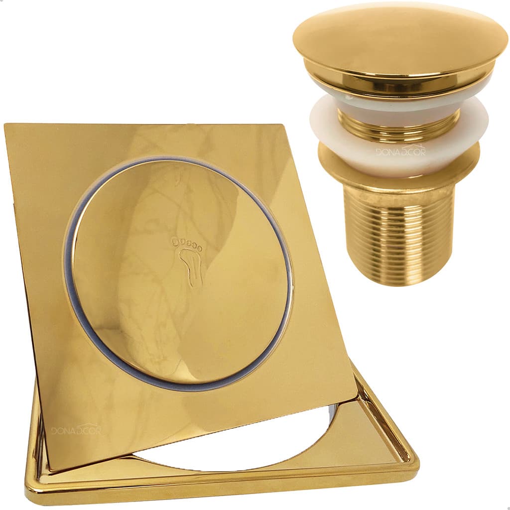 Ralo Click E Porta Grelha Inox 15cm Valvula Click 1 1/4 Kit Banheiro Completo Dourado Ralo Pia 40mm