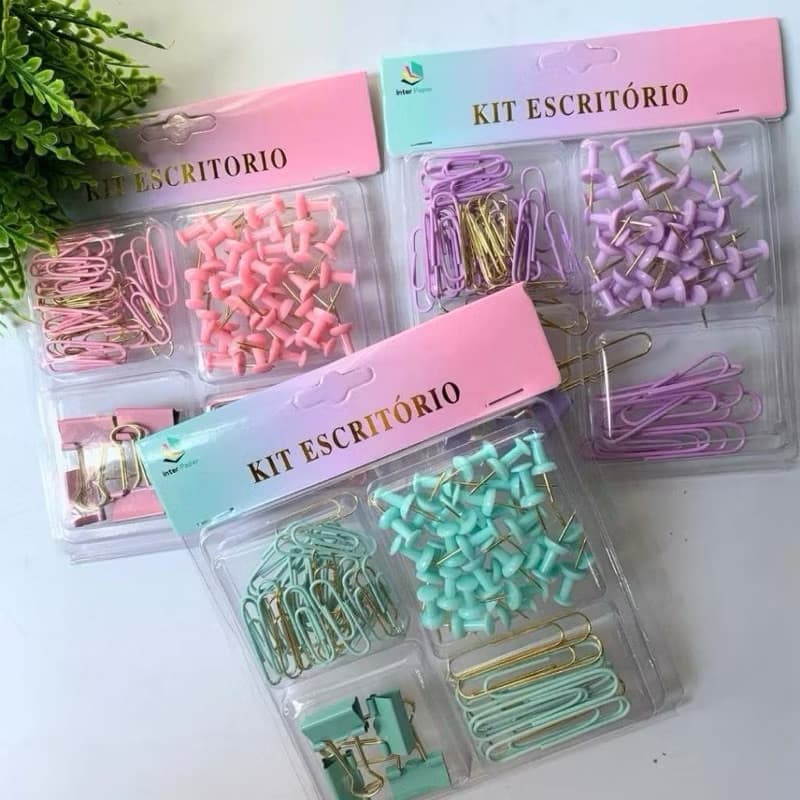 Kit Escritório Escolar Clips de Metal Tachinha Elástico Alfinete Prendedor de Papel