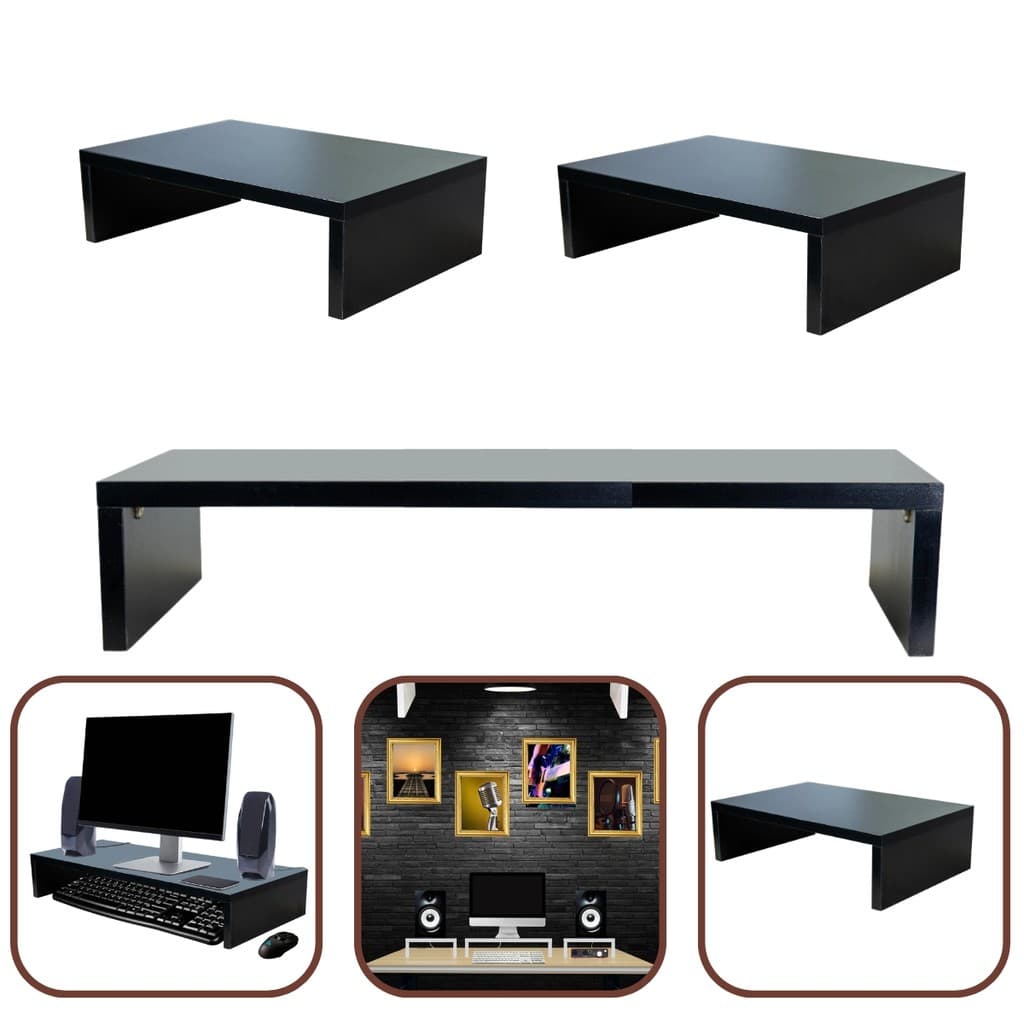Kit 1 Suporte Monitor 10x60x20cm + 2 Suporte Monitor 10x35x20cm MDF Preto