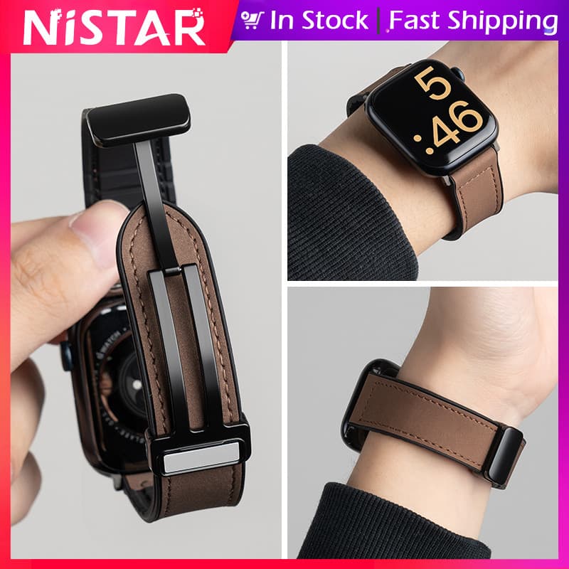 NiSTAR Pulseira De Fivela Magnética De metal De Couro Genuíno Para Apple watch Ultra 2 S10 9 8 7 6 5 4 3 2 1 , Smartwatc