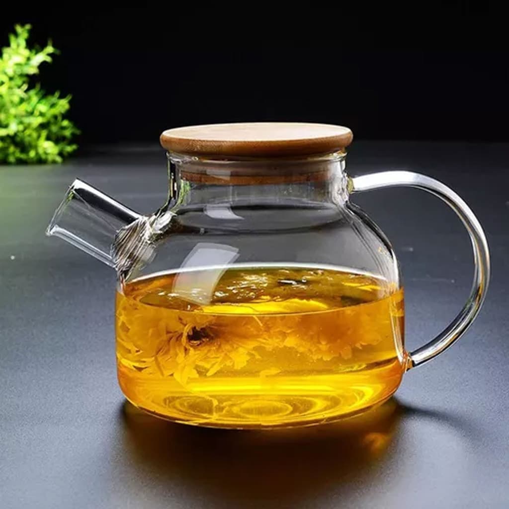 Chaleira De Vidro Tampa De Bambu 1l Resistente A Calor Bule